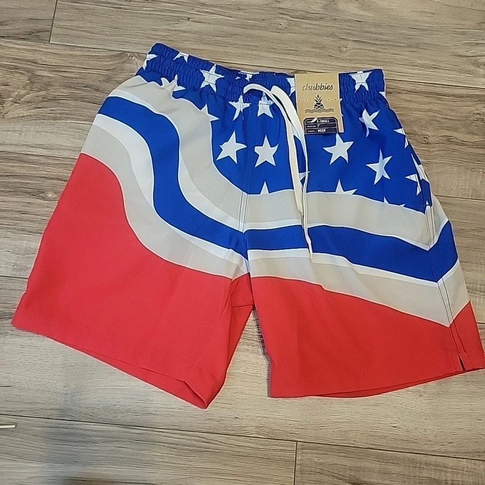 Chubbies Swim Trunks Mens XSM Red White Blue American Flag Mesh Lining NEW $69.5